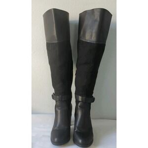 JustFab Womens Size 9 Black Faux Leather And Suede Knee High 4" Block Heel Boots